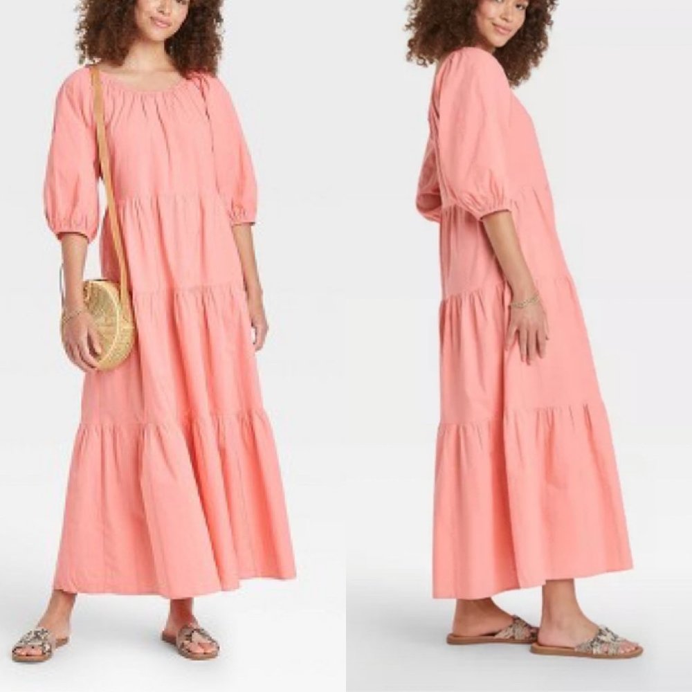 Universal Thread Large, XXL Puff 3/4 Sleeve Tiered Coral Pink Maxi Dress…